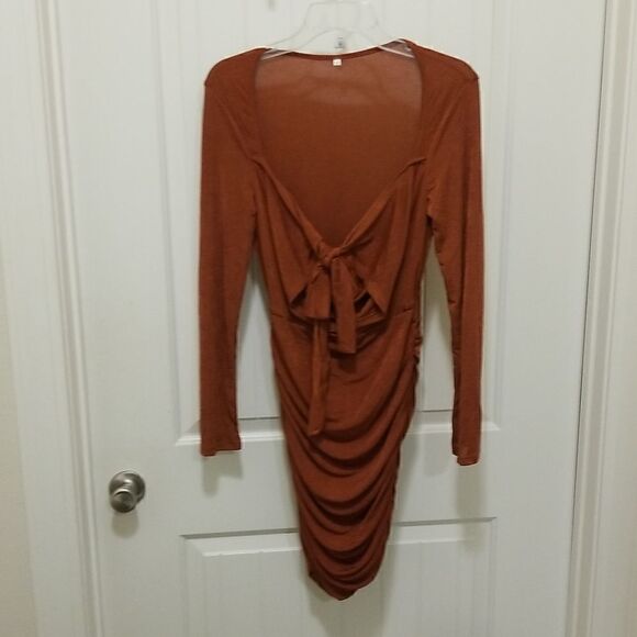 Coffee Long Sleeve Halter V-Neck Silk Bodycon Mini Dress sz Medium - Picture 5 of 14